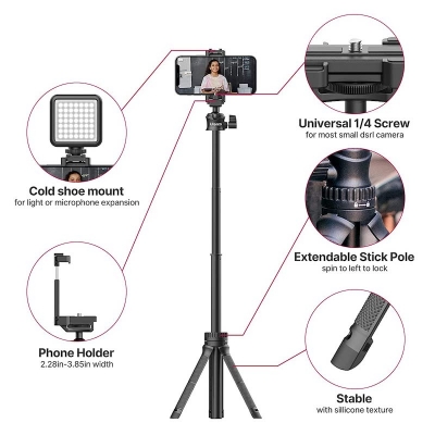 Picture of ULANZI MT-34 Extendable Pole Tripod Selfie Stick with 2 in 1 Phone Clamp Handle Grip 1/4" Universal Screw Compatible iPhone 11 Pro 14 Pro Max XS Max X 8 7 Samsung Canon Nikon Sony Cameras, Black