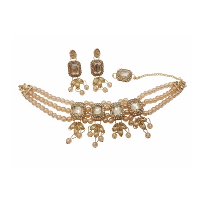 Picture of Jewel Addiction Gold Plated Polki Kundan And Pearls Choker Necklace Set White Picture of Jewel Addiction Gold Plated Polki Kundan And Pearls Choker Necklace Set White