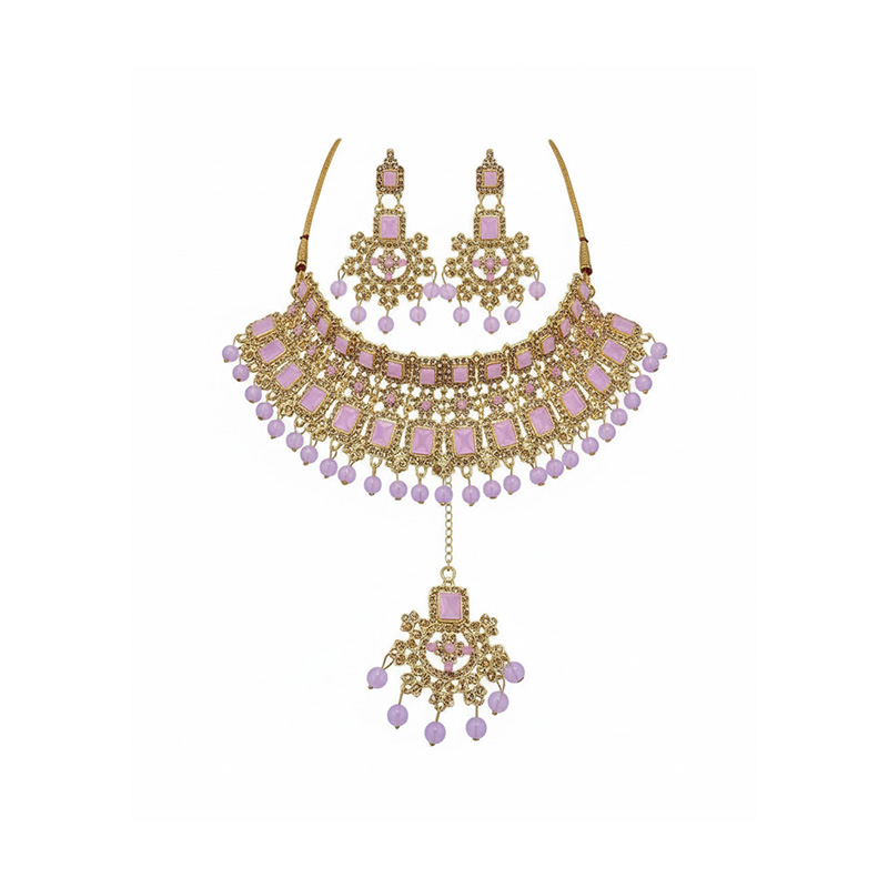 Picture of Unique  Stone Bridal Choker Necklace with Earrings and Tikka Picture of Unique  Stone Bridal Choker Necklace with Earrings and Tikka