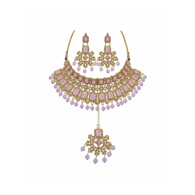 Picture of Unique  Stone Bridal Choker Necklace with Earrings and Tikka Picture of Unique  Stone Bridal Choker Necklace with Earrings and Tikka
