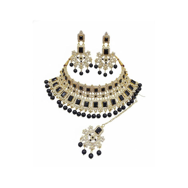 Picture of Unique black  Stone Bridal Choker Necklace with Earrings and Tikka Picture of Unique black  Stone Bridal Choker Necklace with Earrings and Tikka