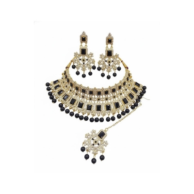 Picture of Unique black  Stone Bridal Choker Necklace with Earrings and Tikka Picture of Unique black  Stone Bridal Choker Necklace with Earrings and Tikka