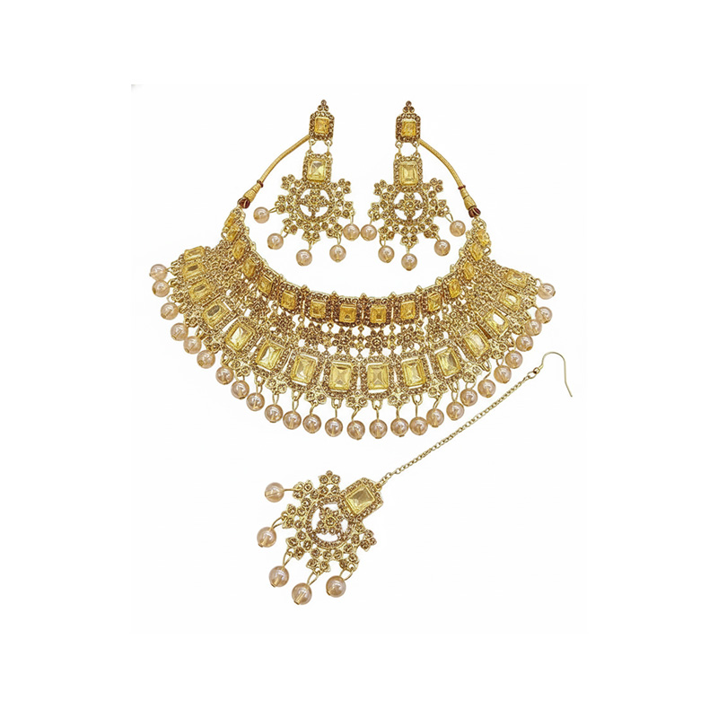 Picture of Unique golden  Stone Bridal Choker Necklace with Earrings and Tikka Picture of Unique golden  Stone Bridal Choker Necklace with Earrings and Tikka