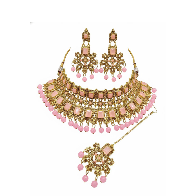 Picture of Unique pink  Stone Bridal Choker Necklace with Earrings and Tikka Picture of Unique pink  Stone Bridal Choker Necklace with Earrings and Tikka