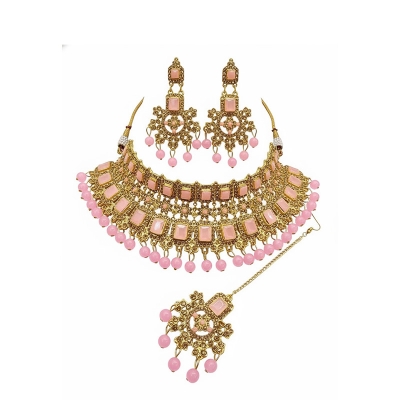 Picture of Unique pink  Stone Bridal Choker Necklace with Earrings and Tikka Picture of Unique pink  Stone Bridal Choker Necklace with Earrings and Tikka