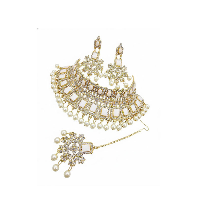 Picture of Unique white  Stone Bridal Choker Necklace with Earrings and Tikka Picture of Unique white  Stone Bridal Choker Necklace with Earrings and Tikka