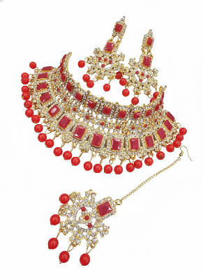 Picture of Unique red  Stone Bridal Choker Necklace with Earrings and Tikka Picture of Unique red  Stone Bridal Choker Necklace with Earrings and Tikka