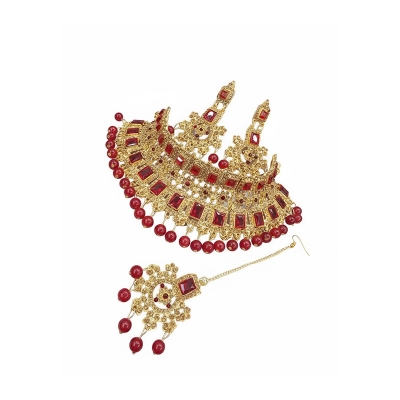 Picture of Unique maroon  Stone Bridal Choker Necklace with Earrings and Tikka Picture of Unique maroon  Stone Bridal Choker Necklace with Earrings and Tikka
