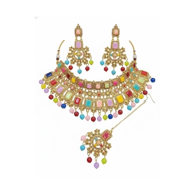 Picture of Unique  multicolour Stone Bridal Choker Necklace with Earrings and Tikka Picture of Unique  multicolour Stone Bridal Choker Necklace with Earrings and Tikka