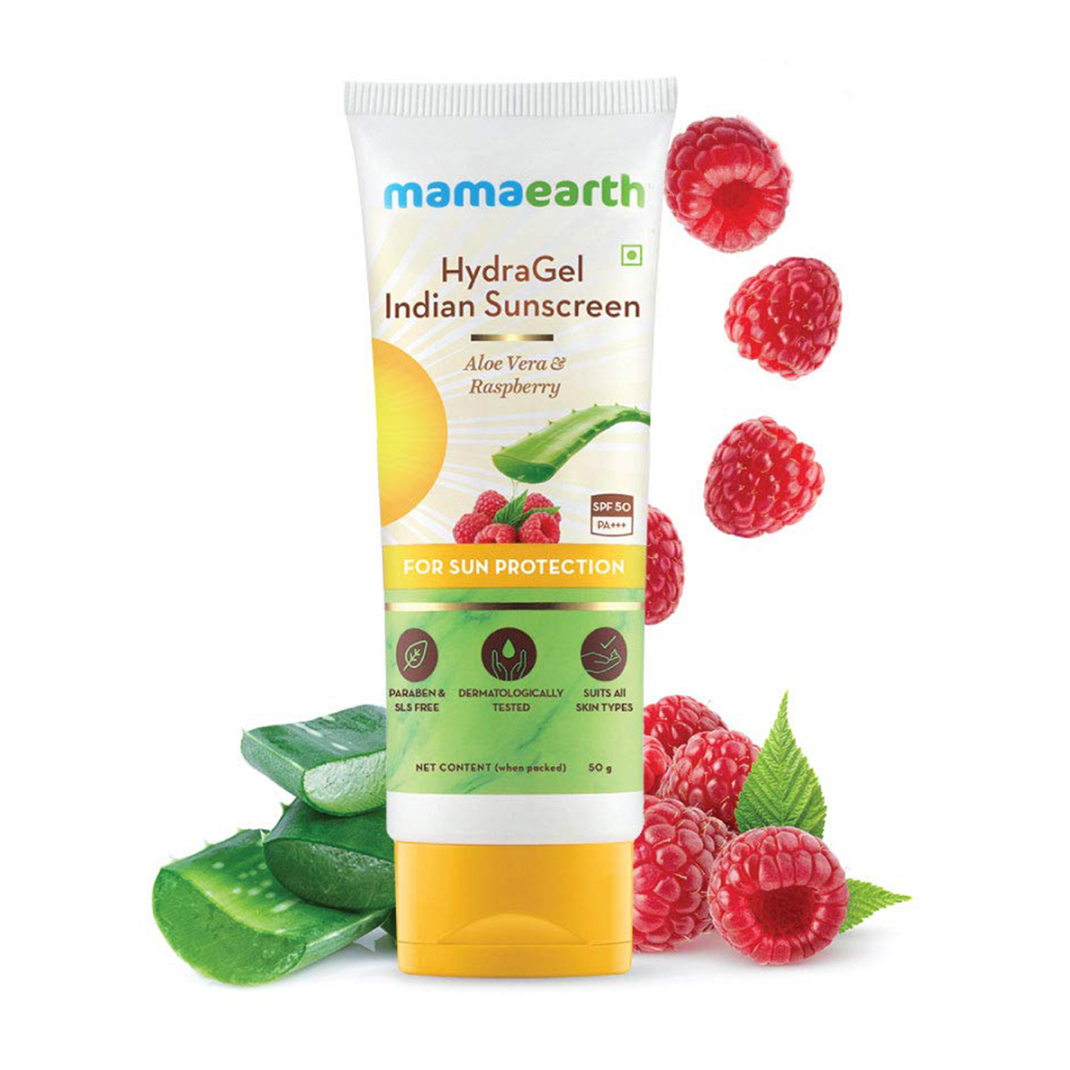Picture of Mamaearth HydraGel Indian Sunscreen SPF 50, With Aloe Vera & Raspberry, for Sun Protection - 50g