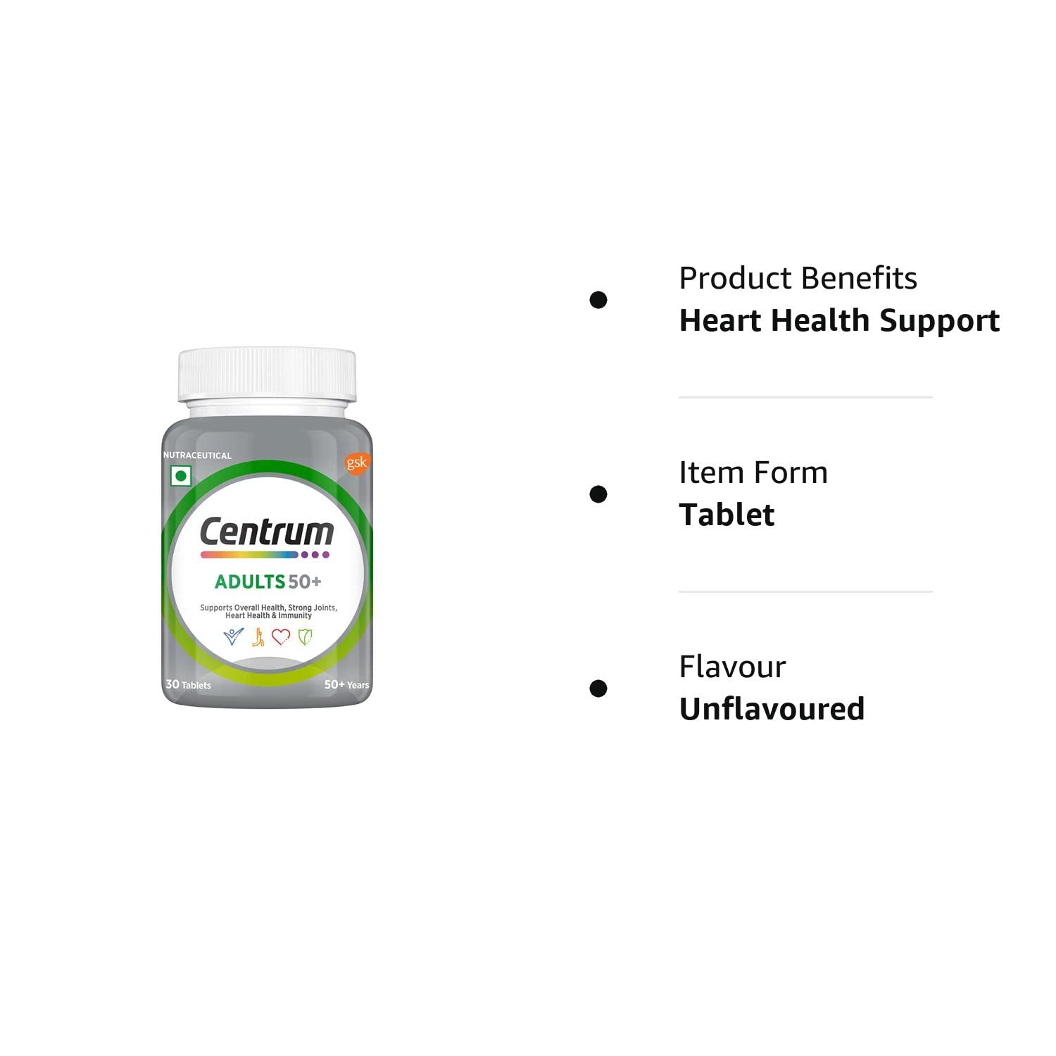 Picture of Centrum Adult 50+, World's No.1 Multivitamin with Calcium, Vitamin D3 & 21 other Nutrients for Overall Health, Strong Joints & Heart Health (Veg) 30 Tablets