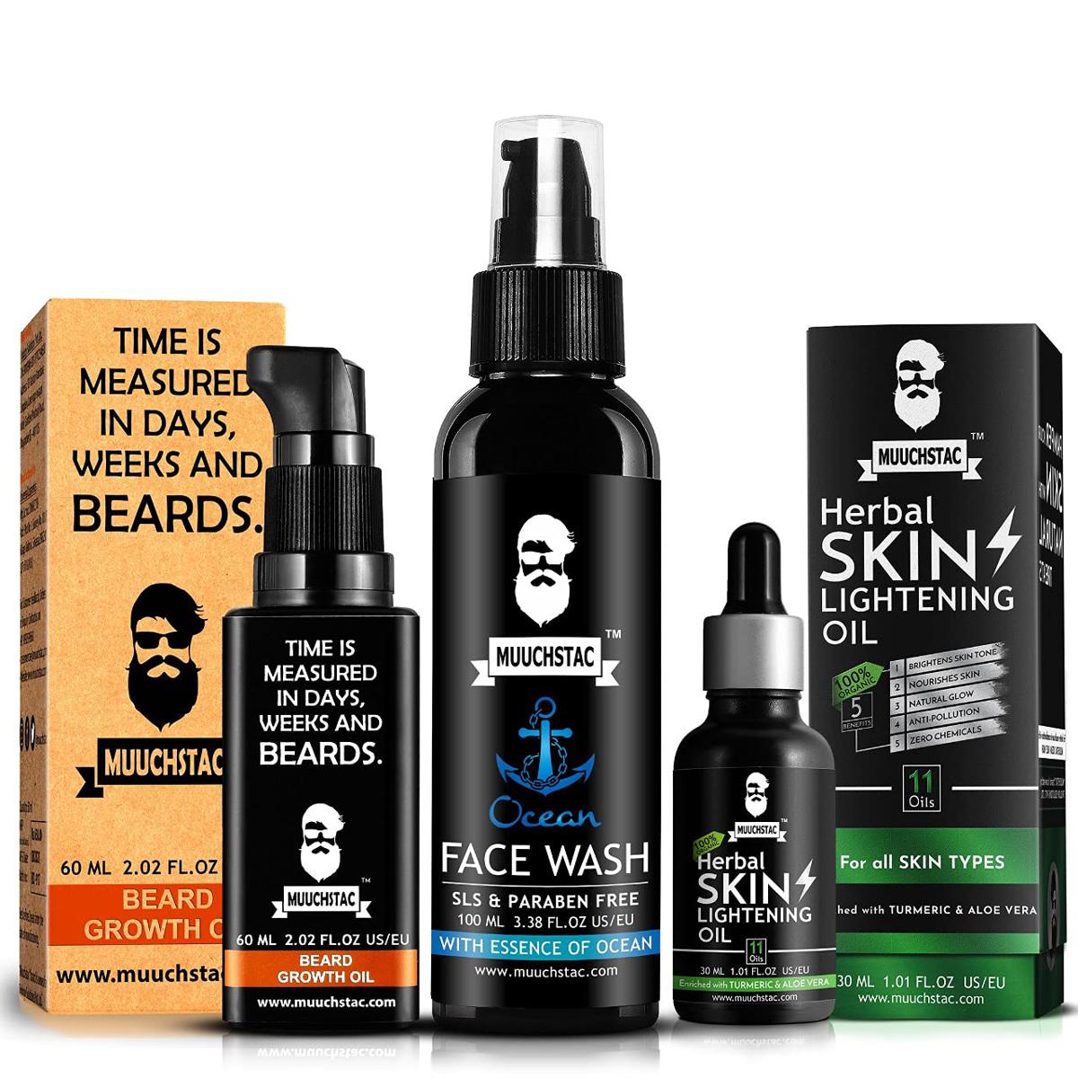 Picture of Muuchstac Face Care Kit - Ayurvedic Beard Growth Oil (60 ml) + Skin Lightening Oil (30 ml) + Ocean Face Wash (100 ml)