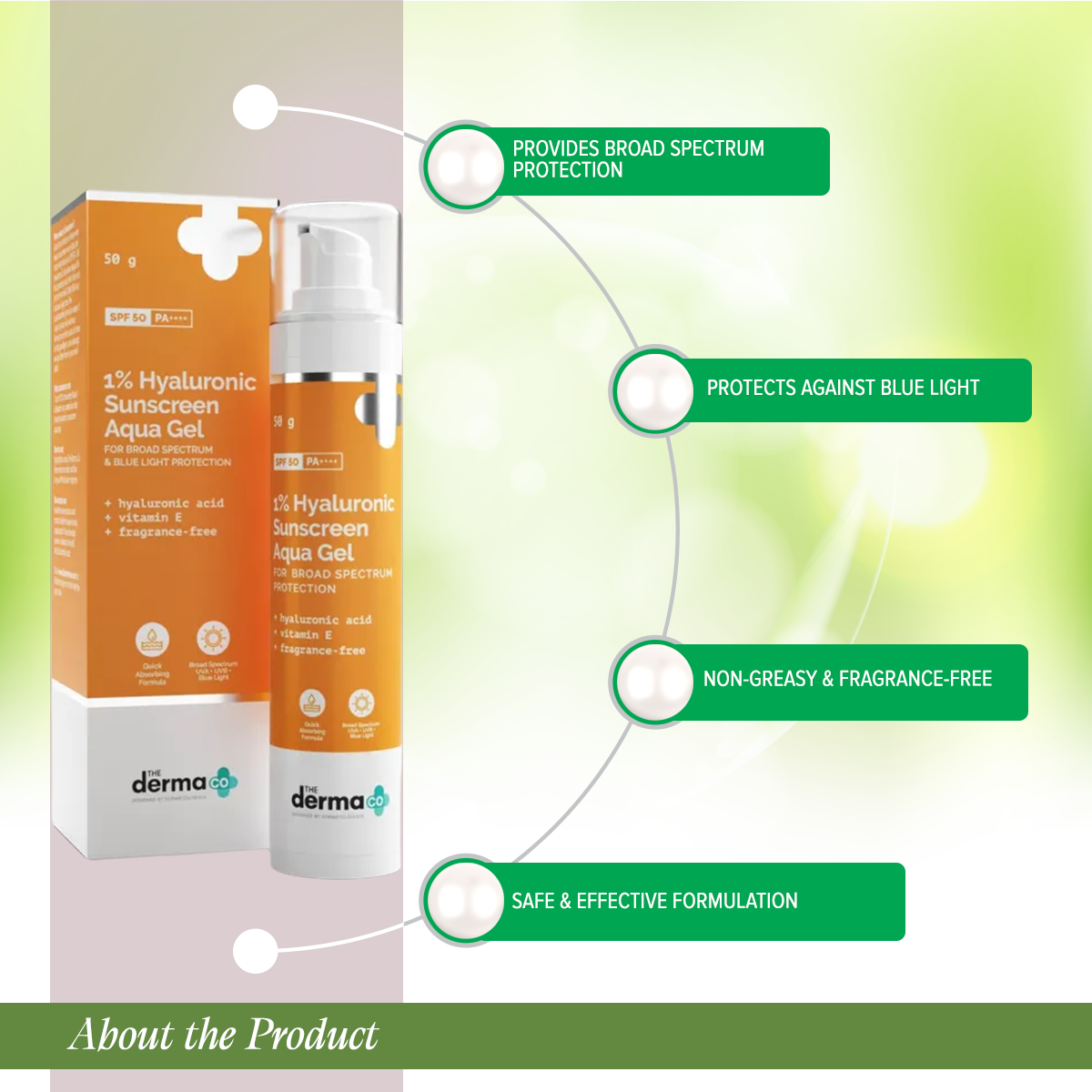 Picture of The Derma Co 1% Hyaluronic Sunscreen Aqua Ultra Light Gel with SPF 50 PA++++ For Broad Spectrum, UV A, UV B & Blue Light Protection - 50g(dermaco)