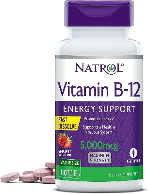 Picture of Natrol Vitamin B-12 5000mcg, Dietary Supplement for Energy and Healthy Nervous System Support, 100 Strawberry-Flavored Fast Dissolve Tablets