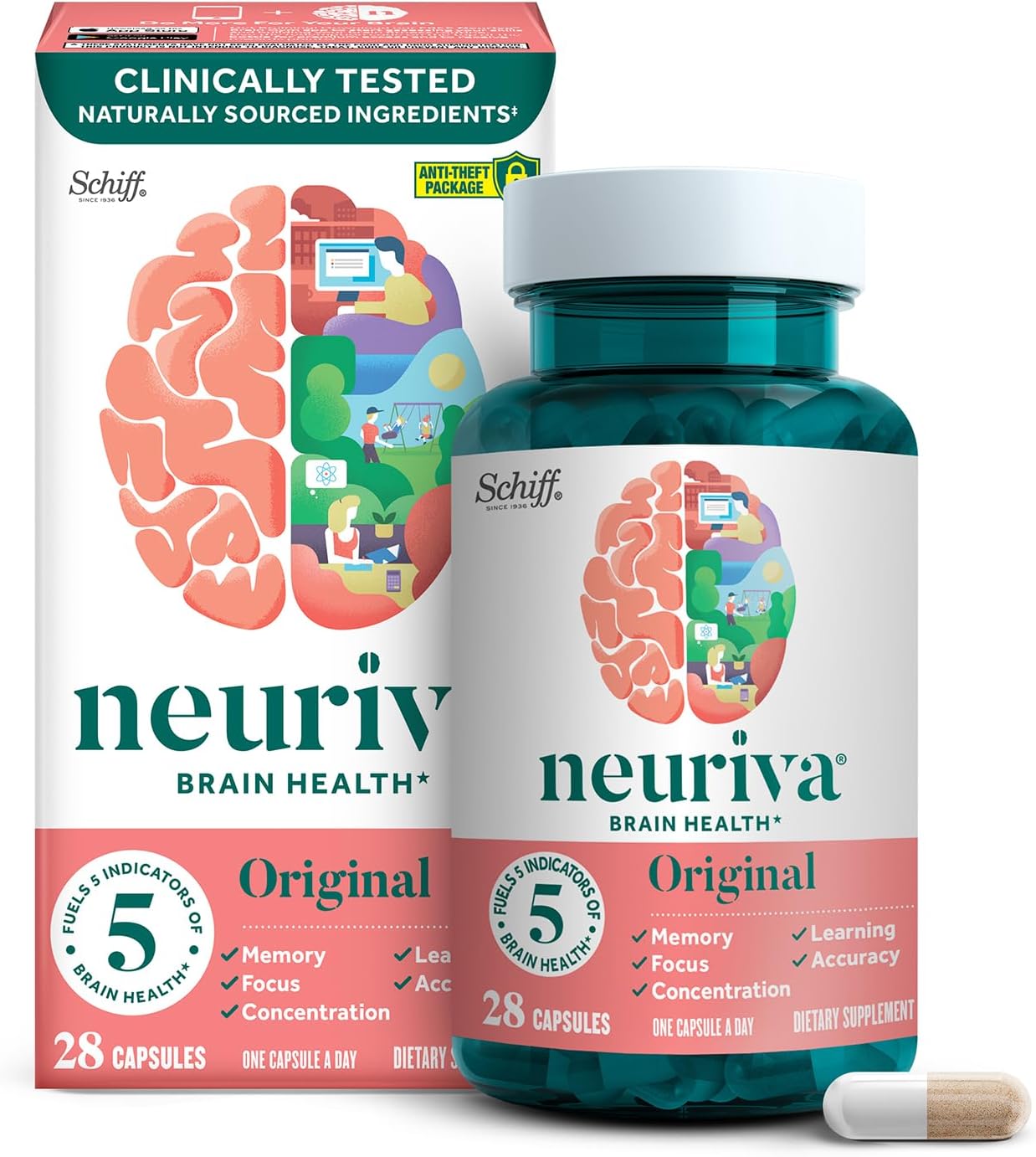 Picture of NEURIVA Original Decaffeinated Clinically Tested Nootropic Brain Supplement for Memory, Focus & Concentration, NeuroFactor & Phosphatidylserine, 28ct Capsules