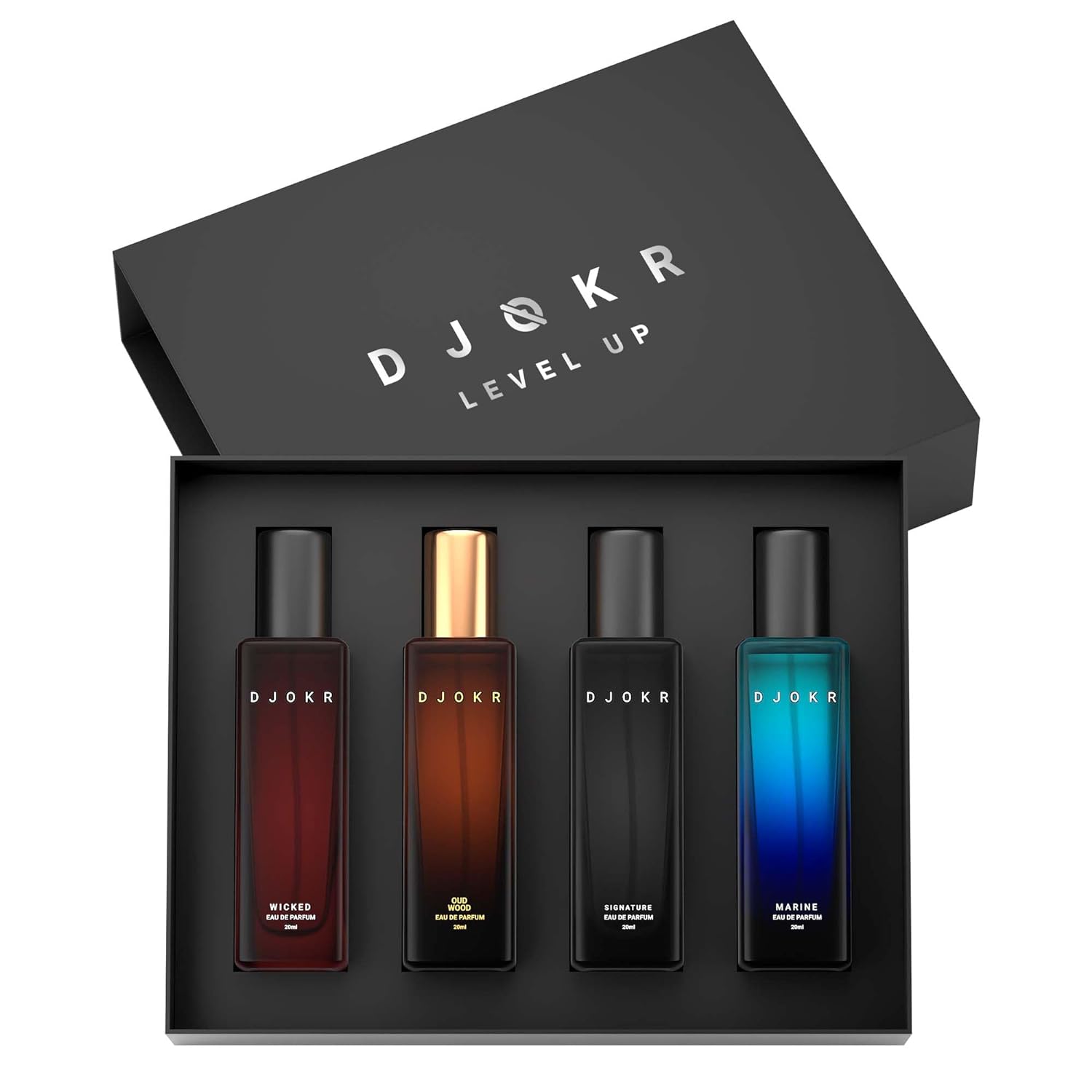 Picture of Djokr Perfume Gift Set for Men Pack of 4x20 ML | Eau De Parfum | Premium Luxury Long Lasting Fragrance Spray | Signature, Wicked, Oud Wood, Marine (4x20 ml)
