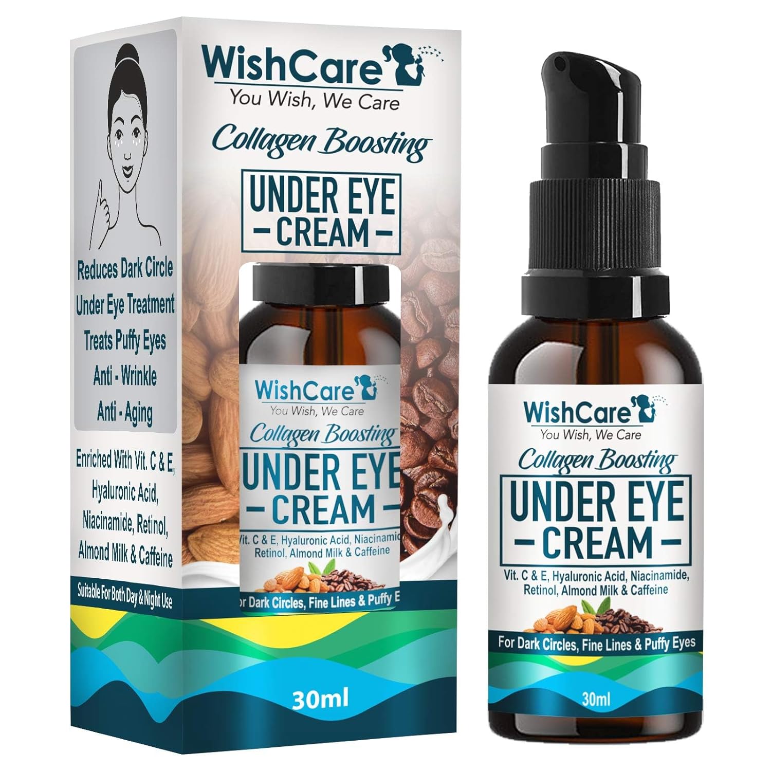 Picture of WishCare Collagen Boosting Under Eye Cream For Dark Circles & Wrinkles - Enriched With Caffeine, Almond Milk, Vitamin C& E, Hyaluronic Acid, Retinol - 30ml