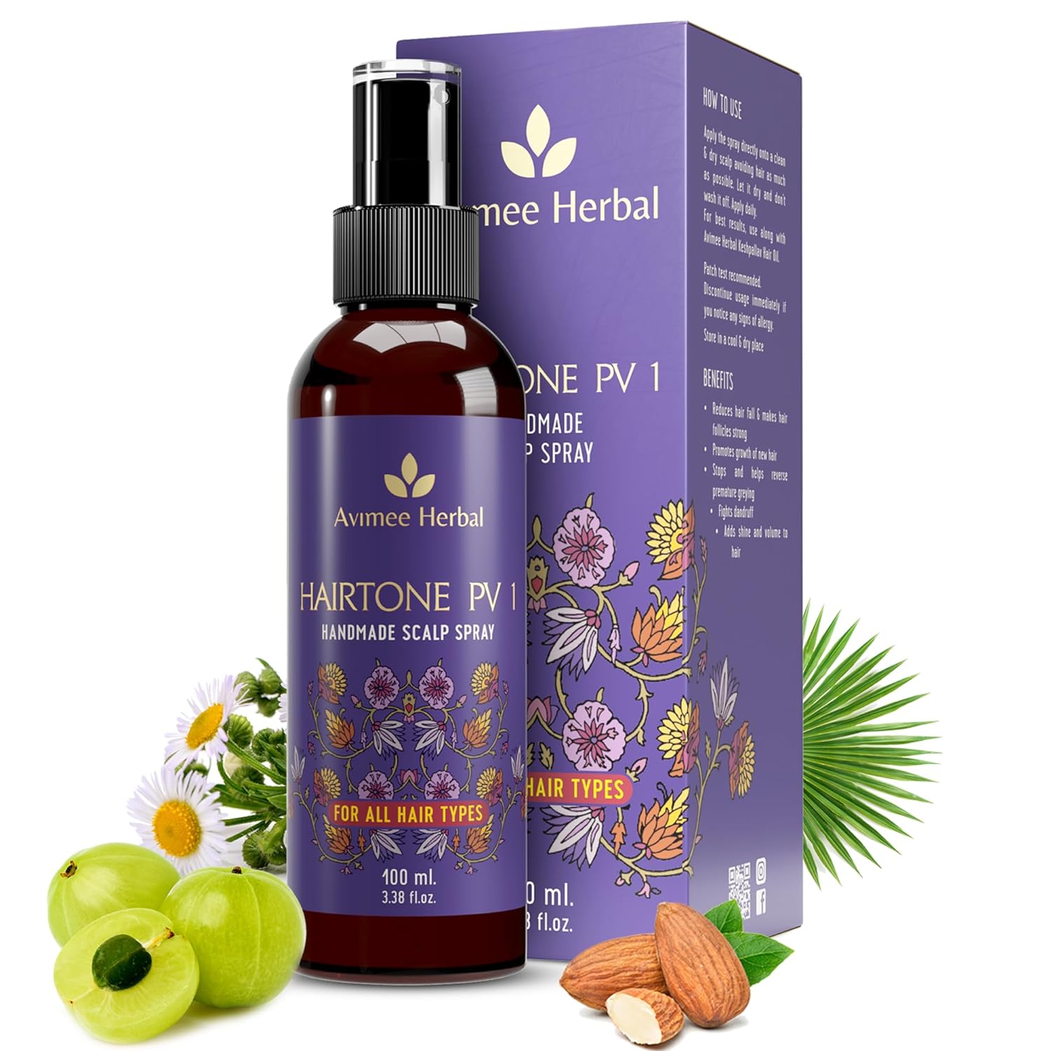 Picture of Avimee Herbal Hairtone PV 1 Scalp Spray | Natural DHT Blocker & Fights Hair Fall | With Rosemary, Saw Palmetto, Amla, Methi & Bhringraj Extracts | Serum For Men & Women | 100 ml