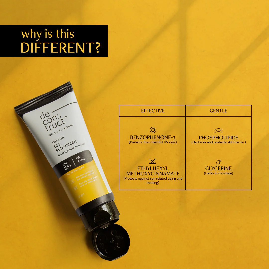 Picture of Deconstruct Face Gel Sunscreen SPF 55+ and PA+++ | Gel based sunscreen for oily skin, combination skin, normal skin | Broad spectrum sunscreen, No White Cast, Lightweight, Non greasy | Higher protection than sunscreen SPF 50 - 50g
