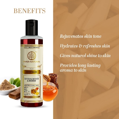 Picture of Khadi Natural Sandalwood & Honey Body Wash | Gentle Body Cleanser for Healthy Skin | Body Wash for Calming Sunburns | Body Wash for Soft Skin | Suitable for All Skin Types | 210ml