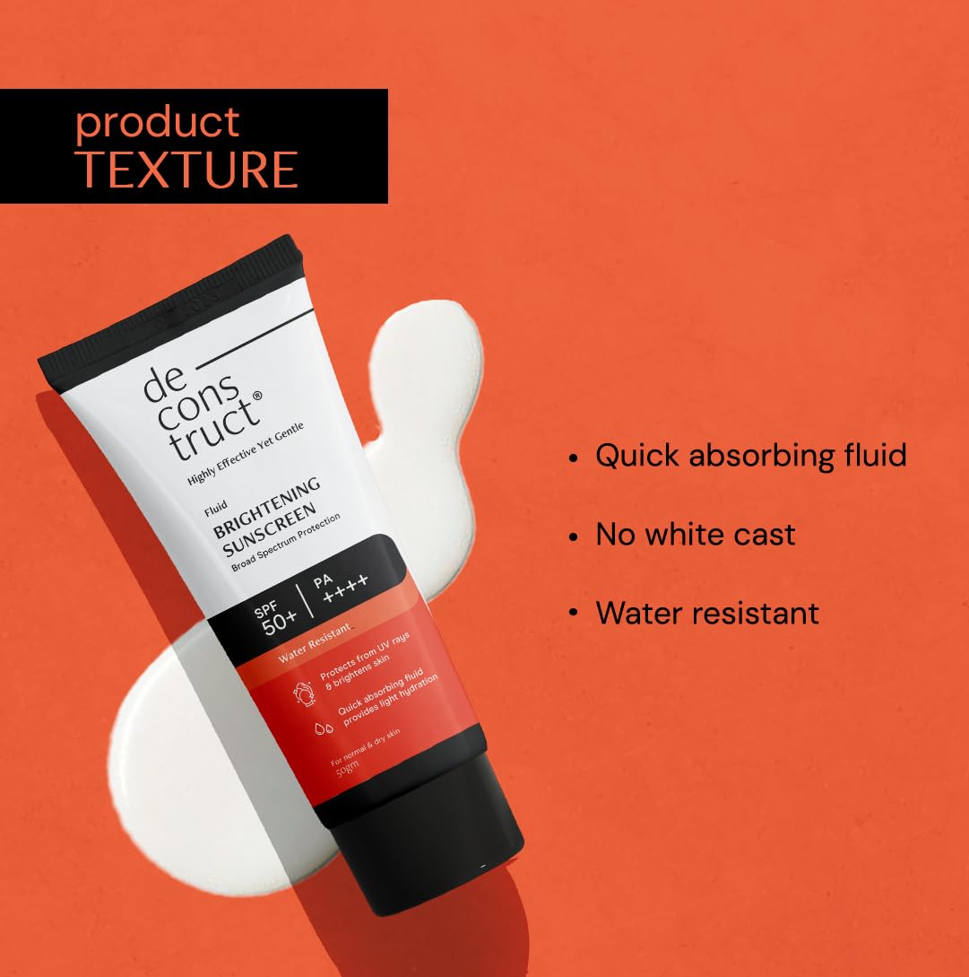 Picture of Deconstruct Brightening & Glow Sunscreen SPF 50+ And PA++++ | Dewy Sunscreen | For Dry Skin | Water Resistant, No White Cast, Quick Absorbing | For Women and Men | 50gm