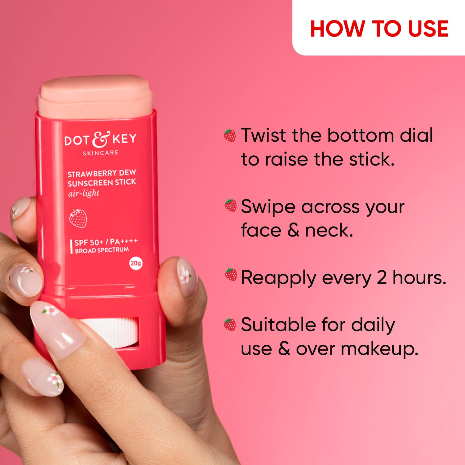 Picture of Dot & Key Strawberry Dew Spf 50 Sunscreen Stick On-The-Go Spf 50 Pa+++, Broad Spectrum, Uva/Uvb Rays Protection With Hyaluronic & Ceramide Normal Skin Type For Hydration & Skin Barrier, Mess Free, 20G