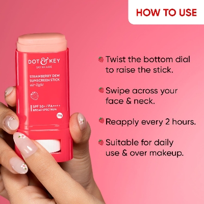Picture of Dot & Key Strawberry Dew Spf 50 Sunscreen Stick On-The-Go Spf 50 Pa+++, Broad Spectrum, Uva/Uvb Rays Protection With Hyaluronic & Ceramide Normal Skin Type For Hydration & Skin Barrier, Mess Free, 20G