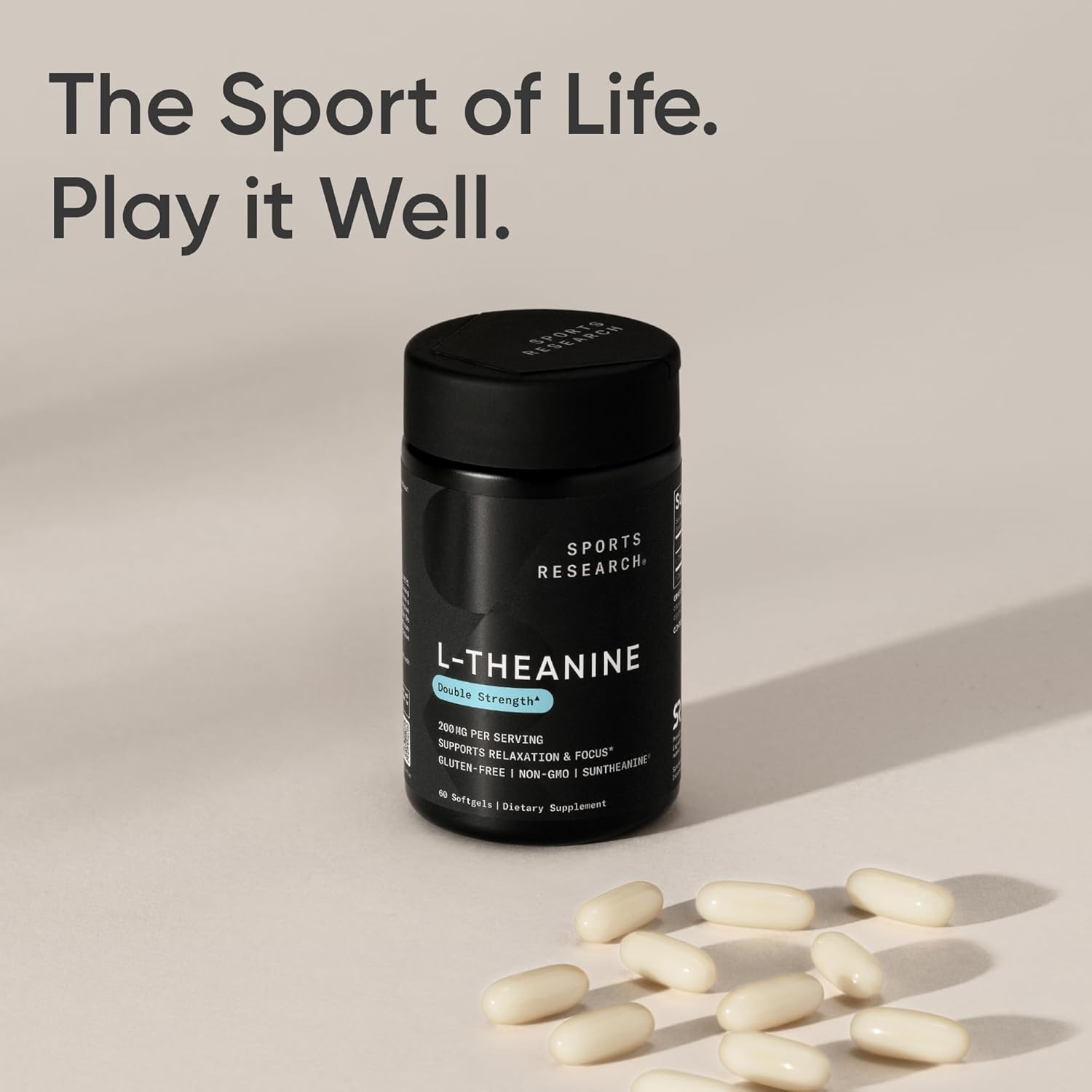 Picture of Sports Research Double Strength L-Theanine Supplement - Suntheanine Softgels for Focus, Relaxation &amp; Alertness - Non-Drowsy Support Made with Coconut Oil, Non-GMO &amp; Gluten Free - 200mg, 60 Count
