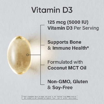 Picture of Sports Research Vitamin D3 5000 IU with Coconut MCT Oil - High Potency Vitamin D Supplement for Immune & Bone Support - Non-GMO Verified, Gluten & Soy Free – 125mcg, 30 Liquid Softgels