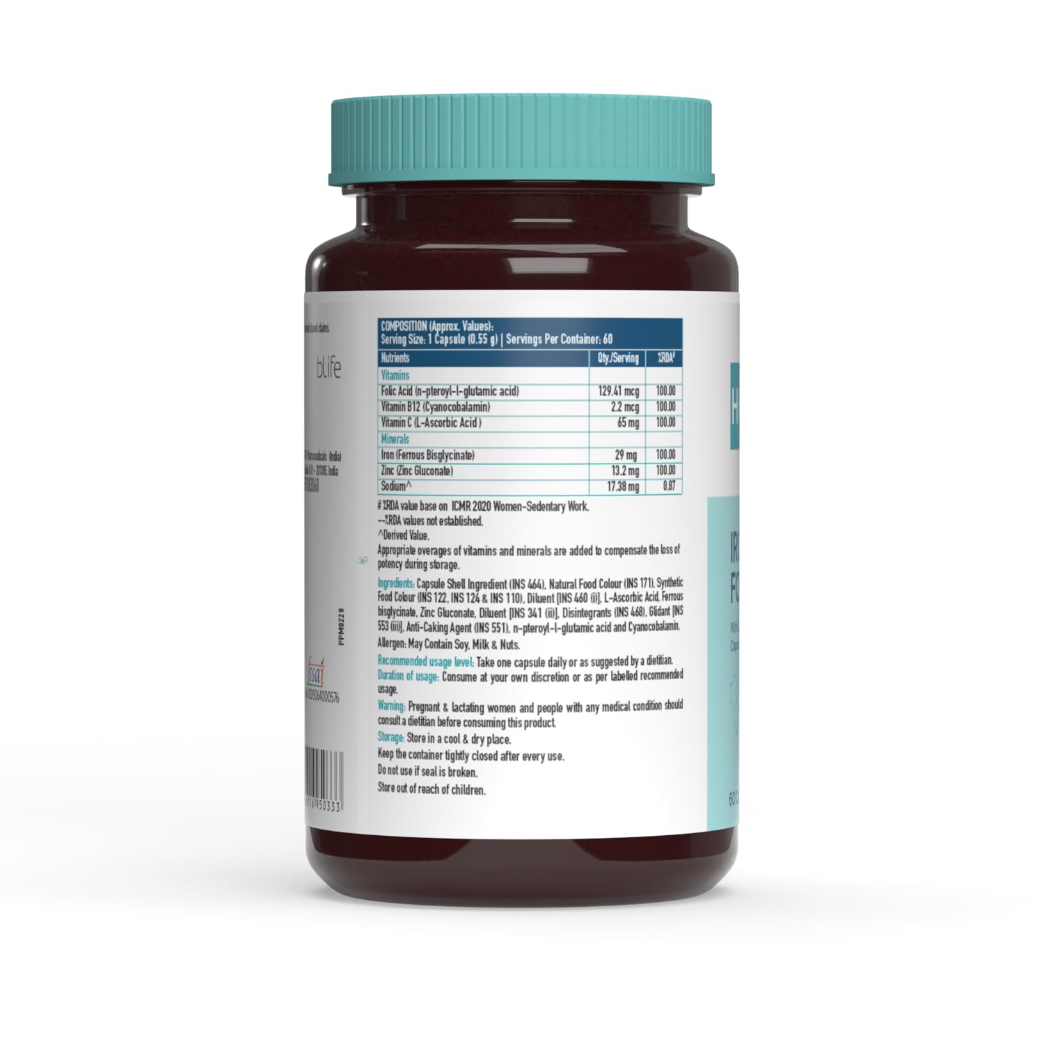 Picture of HealthKart HKVitals Iron + Folic Acid Supplement, with Zinc, Vitamin C & Vitamin B12, Supports Blood Building, Immunity and Energy, 60 Iron Folic Acid Capsules