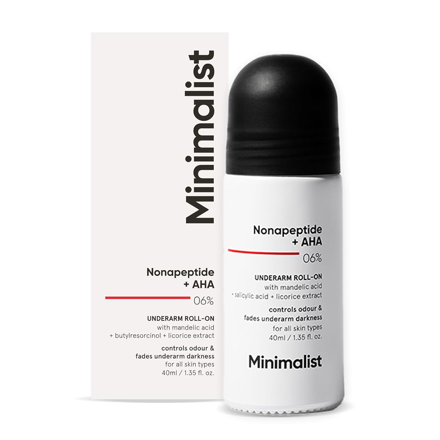 Picture of Minimalist Underarm Roll On Deodorant with Nonapeptide + AHA BHA 06% | Controls Odour & Fades Darkness | Fragrance & Aluminium Free | Exfoliating Deo For Women & Men | 40ml