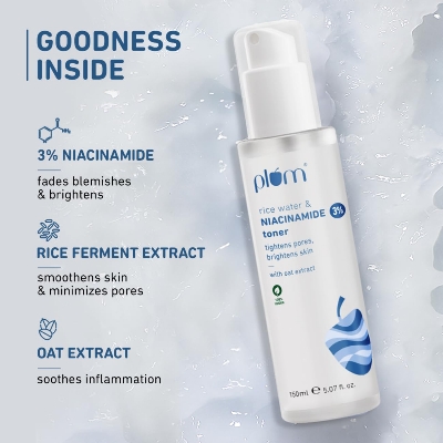 Picture of Plum 3% Niacinamide & Rice Water Face Toner | With Rice Ferment Extract | Alcohol-Free Toner | Fades Blemishes, Brightens Skin | Smoothens Skin | Fragrance-Free | 100% Vegan | 150 ml