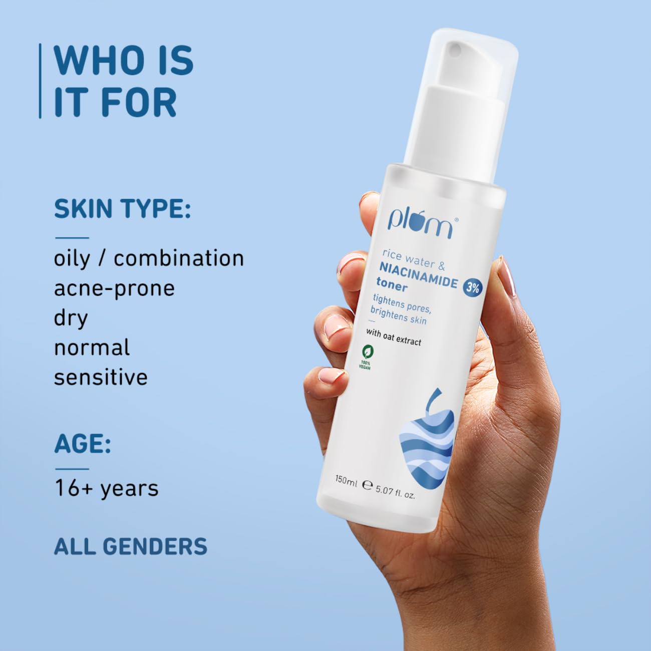 Picture of Plum 3% Niacinamide & Rice Water Face Toner | With Rice Ferment Extract | Alcohol-Free Toner | Fades Blemishes, Brightens Skin | Smoothens Skin | Fragrance-Free | 100% Vegan | 150 ml