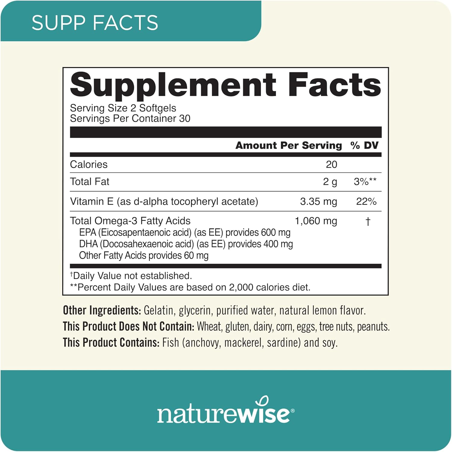 Picture of NatureWise Extra-Strength Omega 3 Fish Oil Supplement - 1000mg per Serving - 600 EPA & 400 DHA and Vitamin E - Support for Heart & Brain Health - Lemon Flavor, Non-GMO - 60 Softgels