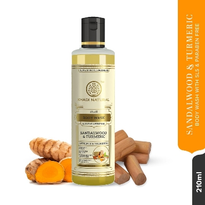 Picture of Khadi Natural Sandal & Turmeric Herbal Body Wash | Herbal Body Wash for Healthy & Clear Skin | Body Wash for Reducing Tanning | Paraben & SLS Free | Suitable for All Skin Types 210ml