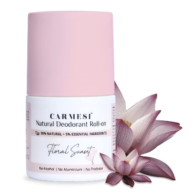Picture of Carmesi Natural Underarm Roll On Deodorant for Women | 95% Natural + 5% Essential Ingredients | For Fresh Underarms All Day | No Alcohol & Aluminium | Floral Sunset | 50 ml