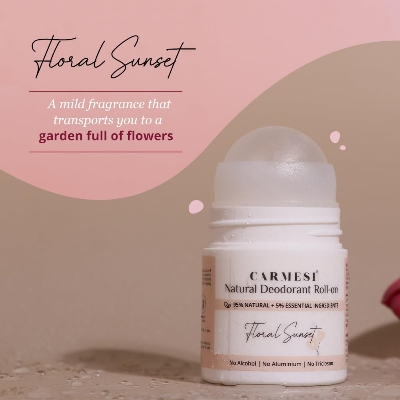 Picture of Carmesi Natural Underarm Roll On Deodorant for Women | 95% Natural + 5% Essential Ingredients | For Fresh Underarms All Day | No Alcohol & Aluminium | Floral Sunset | 50 ml