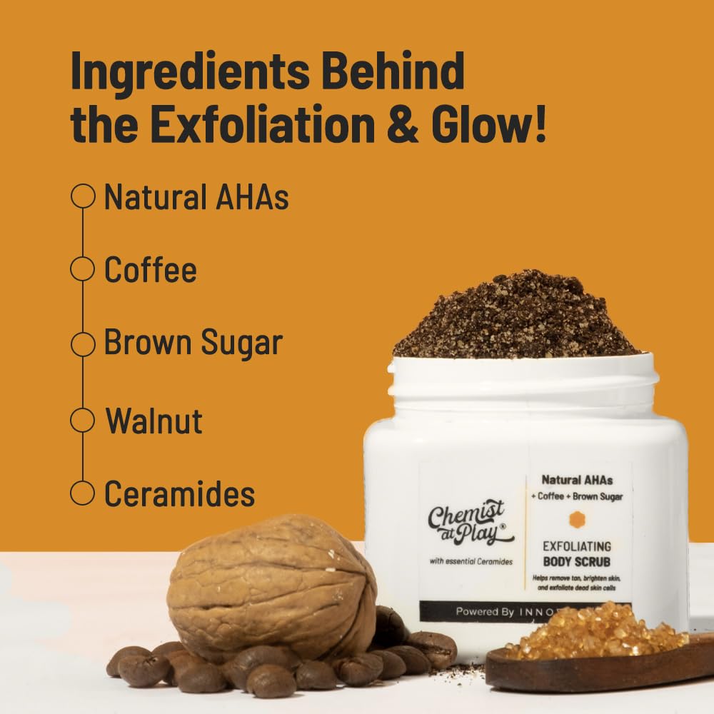 Picture of Chemist at Play Exfoliating Body Scrub For Removing Tan & Dead Skin Cells | Rough & Bumpy Skin, Tanned & Pigmented Skin | For Smooth, Soft & Bright Skin | Natural AHAs | Coffee | For Men & Women | 75g