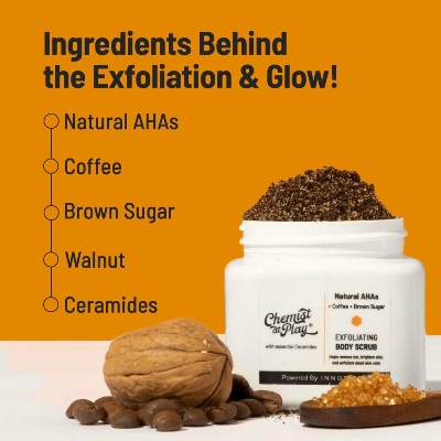Picture of Chemist at Play Exfoliating Body Scrub For Removing Tan & Dead Skin Cells | Rough & Bumpy Skin, Tanned & Pigmented Skin | For Smooth, Soft & Bright Skin | Natural AHAs | Coffee | For Men & Women | 75g