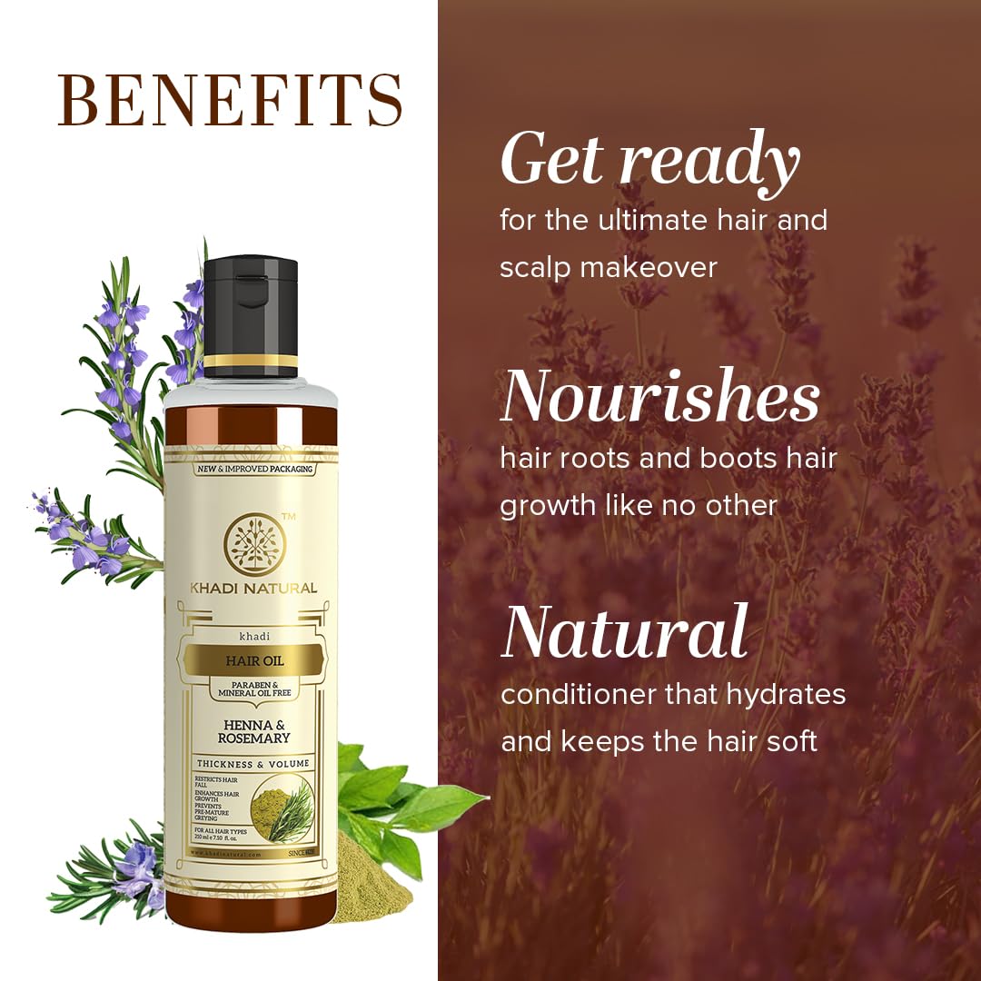 Picture of Khadi Natural Rosemary & Henna Hair Oil, Natural Oil For Thick & Voluminous Hair Oil For Controlling Hair Fall & Premature Greying, Paraben & Mineral Oil Free, Suitable For All Hair Types, 210ml