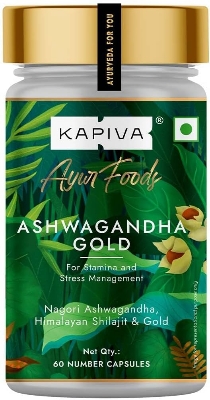 Picture of Kapiva Ashwagandha Gold Capsules, 183rd day harvested Potent Nagori Ashwagandha With Gold, Shilajit | Helps in Stress Management, Improve Energy and Stamina | For Men & Women (60 Capsules)