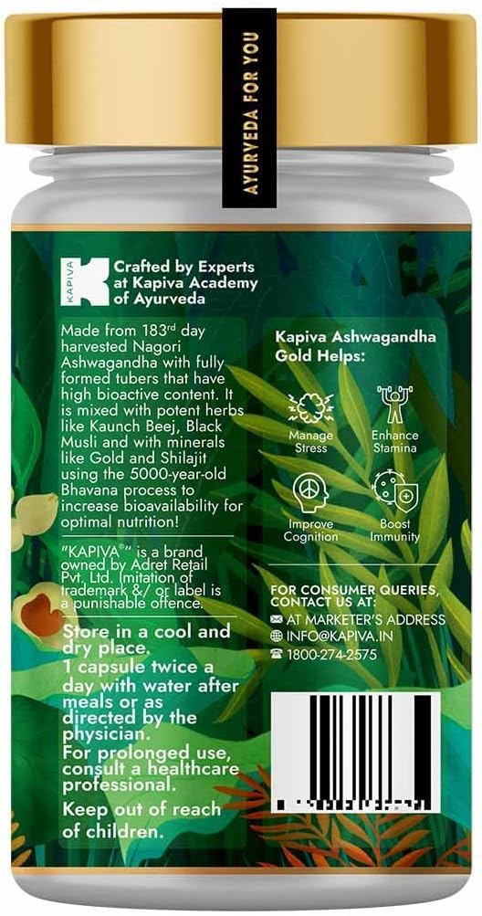 Picture of Kapiva Ashwagandha Gold Capsules, 183rd day harvested Potent Nagori Ashwagandha With Gold, Shilajit | Helps in Stress Management, Improve Energy and Stamina | For Men & Women (60 Capsules)