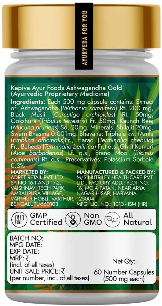 Picture of Kapiva Ashwagandha Gold Capsules, 183rd day harvested Potent Nagori Ashwagandha With Gold, Shilajit | Helps in Stress Management, Improve Energy and Stamina | For Men & Women (60 Capsules)