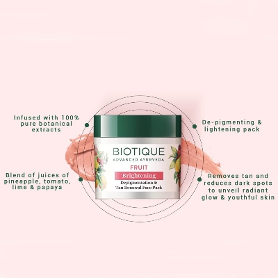 Picture of Biotique Fruit Brightening Depigmentation and Tan Removal Face Pack| Ayurvedic and Organically Pure| Tan Removal Face Pack for All Skin Types|100% Botanical Extracts| 75gm