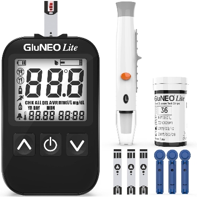 Picture of Glu Neo Lite Blood Sugar Meter Glucometer Kit Test Strips Needles Lancets Medical Diabetes Tester Monitoring System