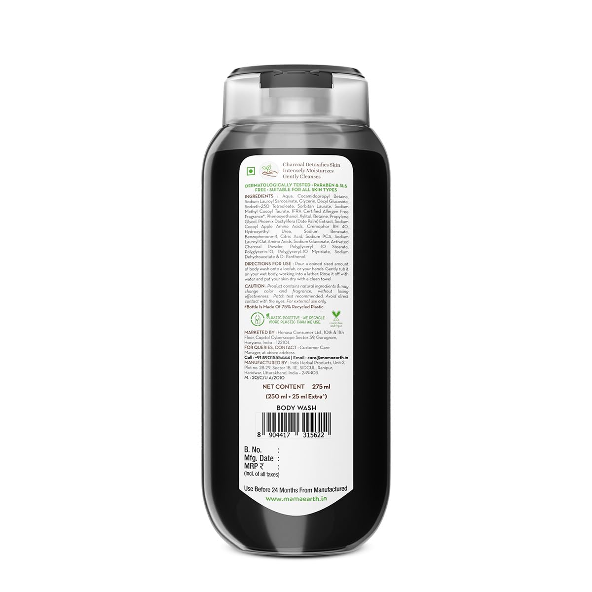 Picture of Mamaearth Charcoal Moisturizing Body Wash with Activated Charcoal & Energizing Mint Scent for Skin Detoxification-275ml | Deeply Cleanses |Intensely Moisturizes |Long-Lasting Fragrance |All Skin Types