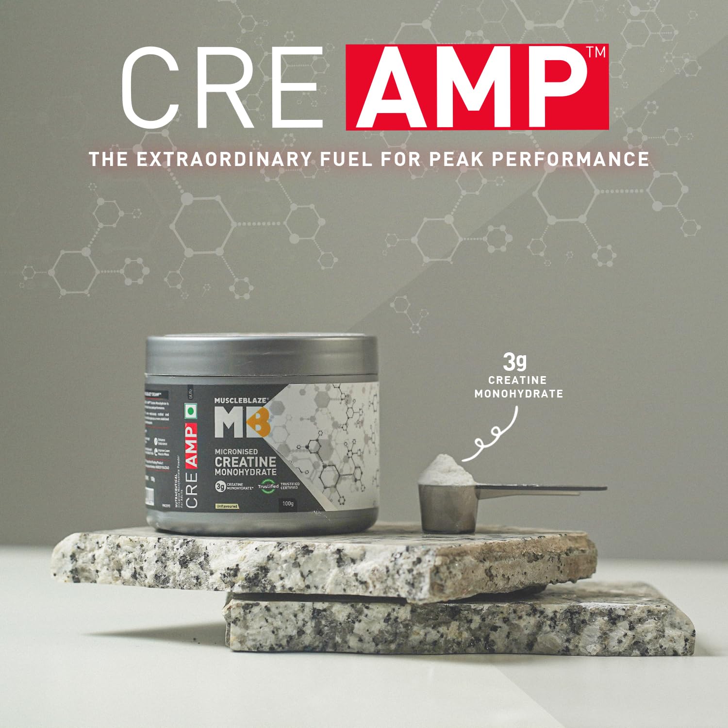 Picture of MuscleBlaze Creatine Monohydrate CreAMP™ (Unflavoured, 32 Servings, 100g / 0.22lbs) | Trustified Certified Creatine
