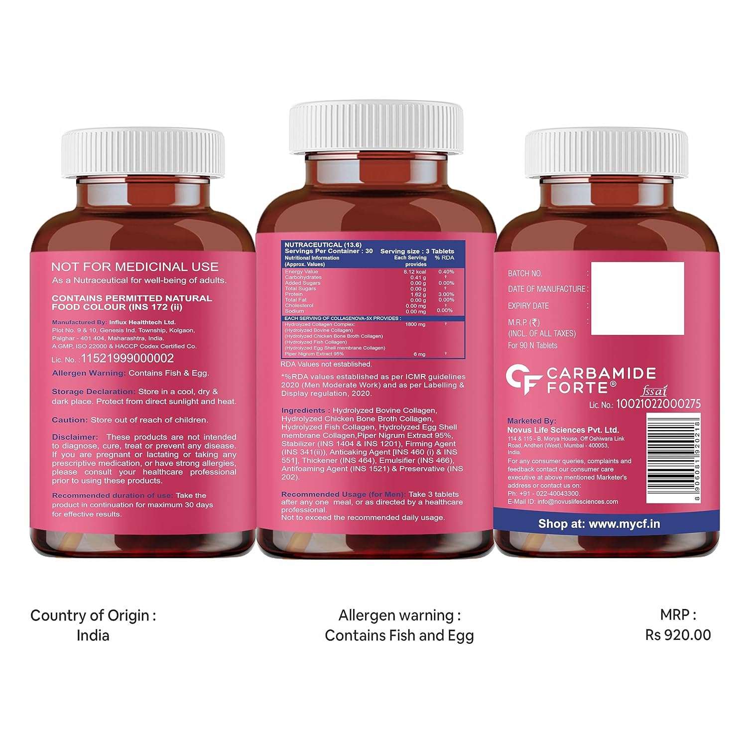Picture of Carbamide Forte Hydrolyzed Multi Collagen Tablets | 5 Types I, II, III, V & X Collagen Powder for Joint Support & Glowing Skin | Collagen Supplements for Men & Women - 90 Tablets