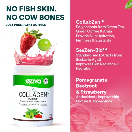 Picture of OZiva Vegan Collagen (Tangy Amla) with Biotin & Vitamin C For Brighter & Youthful Skin | Collagen Supplement For Women & Men | Plant Based Collagen Powder | Certified Vegan 200g (Pack of 1)
