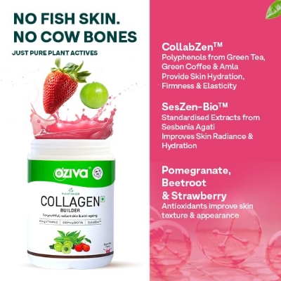 Picture of OZiva Vegan Collagen (Tangy Amla) with Biotin & Vitamin C For Brighter & Youthful Skin | Collagen Supplement For Women & Men | Plant Based Collagen Powder | Certified Vegan 200g (Pack of 1)